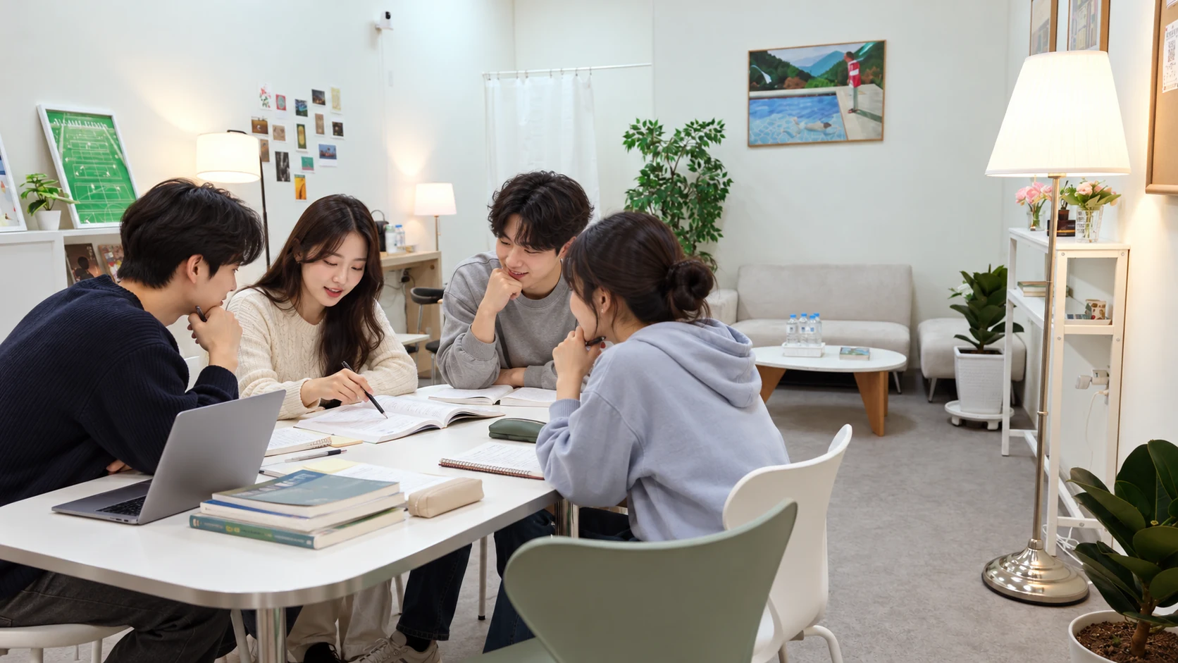 실제 바른자리 4인 테이블에서 네 명이 교재와 노트를 펼치고 풀이를 설명하는 그룹 스터디 장면
